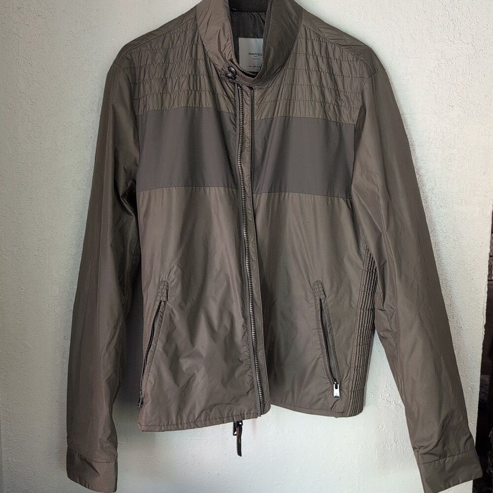 Mango Man Smart Bomber Jacket M Brown Green Pockets In Lining Full Zip Indie